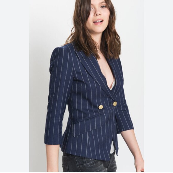 Smythe Navy Blazer Jacket Striped in Navy Pinstripe - Size 6 - Picture 1 of 11
